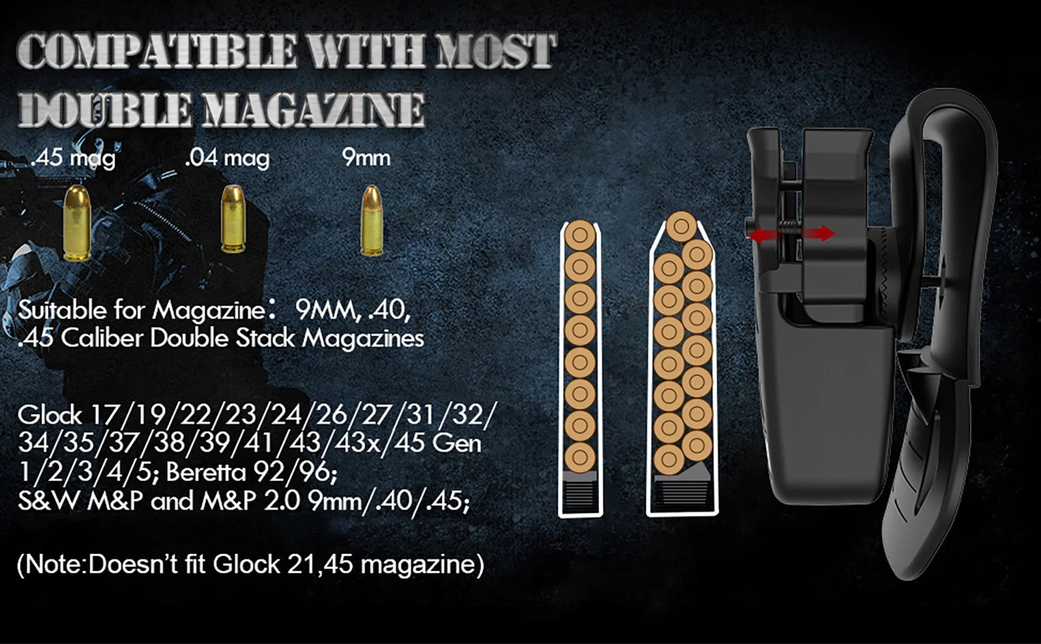 حامل أدوات عالمي لحافظة مزدوجة حامل مخازن مسدس عيار 9 ملم 10 ملم 0.40S&W 0.357 0.45ACP جراب مخزن فردي مزدوج الصف